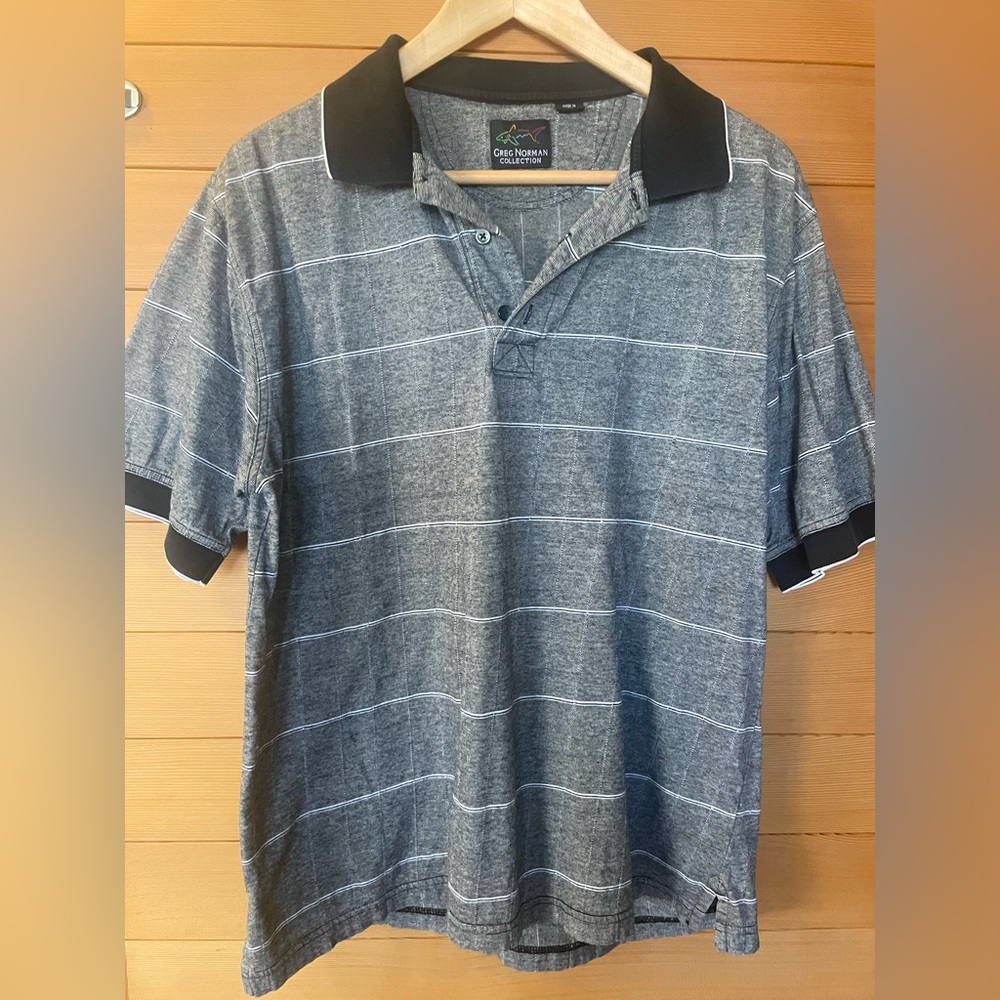 Greg Norman GolfShirt Men Gray Black White Striped Polo Short Sleeve Cotton Sz M